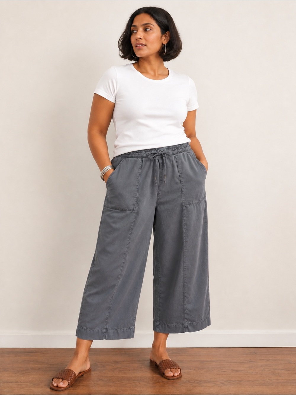 Anthropologie Gray Lyocell Wide Leg Crop Pants Pull On Drawstring Elastic Waist